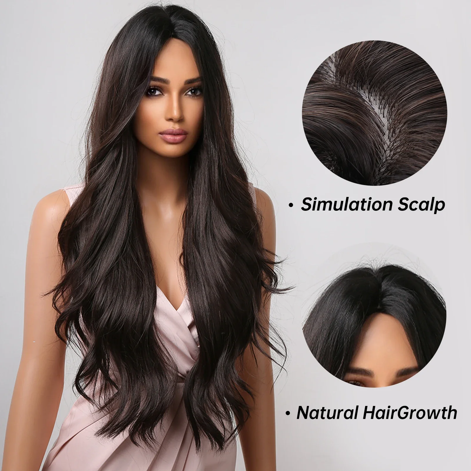 Long Wavy for Black Women Dark Brown Ntural Middle Parting Wavy Daily Cosplay Heat Resistant Synthetic Wigs