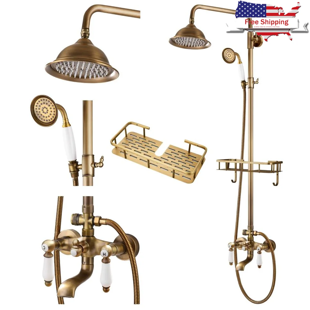 Antique Brass Wall Mounted Shower Faucet Double Lever Handles 8 inch Rain Shower Head Handheld Spray Tub Spout Swivel Shower