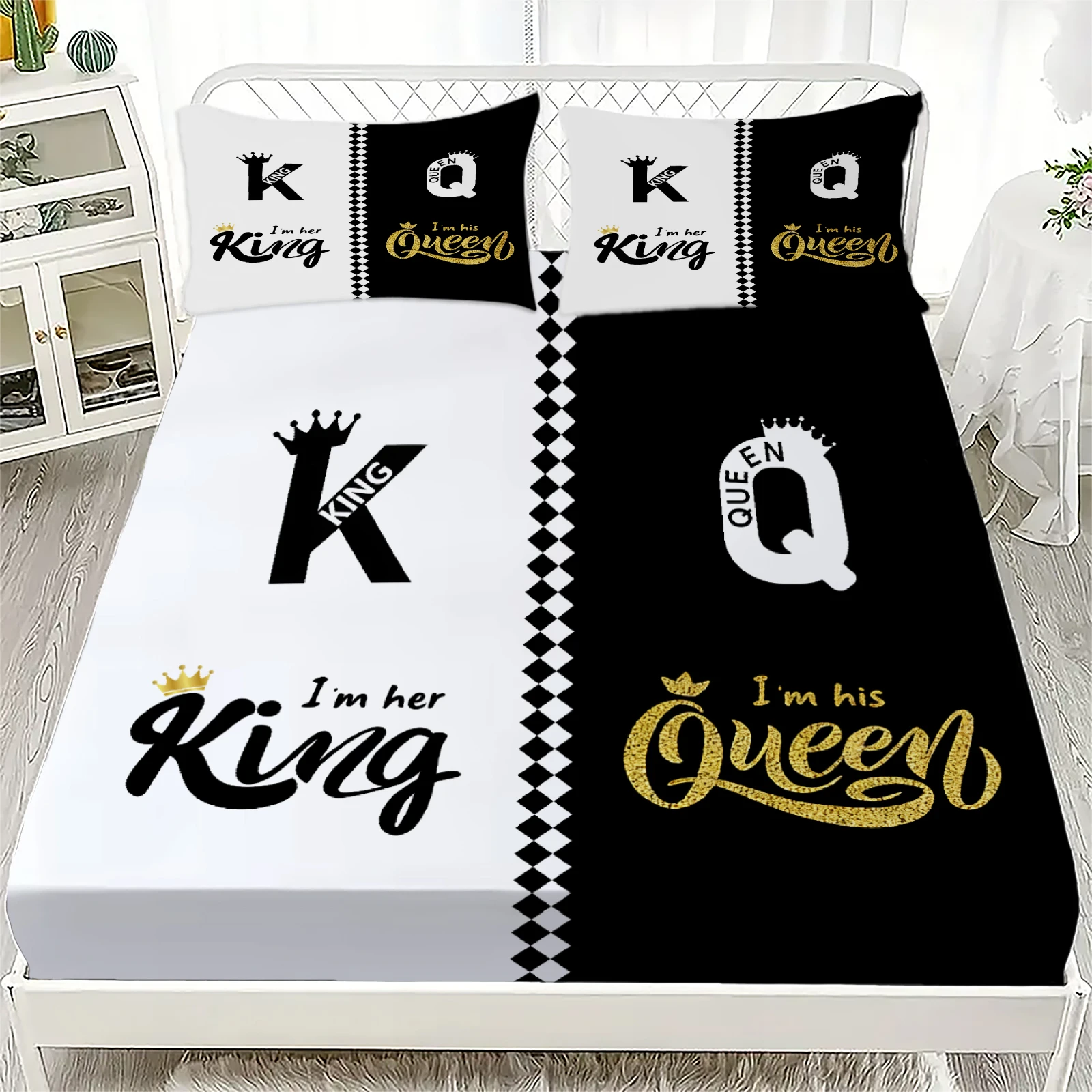3 pcs Fitted Sheet Set 3D Printed Soft White And Black Bedspread Single Queen King Size For Couples Home Decor