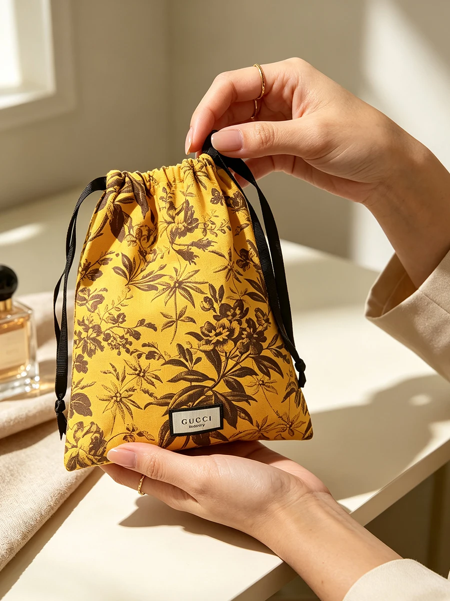 GUCCI Bright Yellow Floral Print Makeup Bag Drawstring Closure Soft Light Fabric Large Capacity Multifunctional Storage Pouch Fo