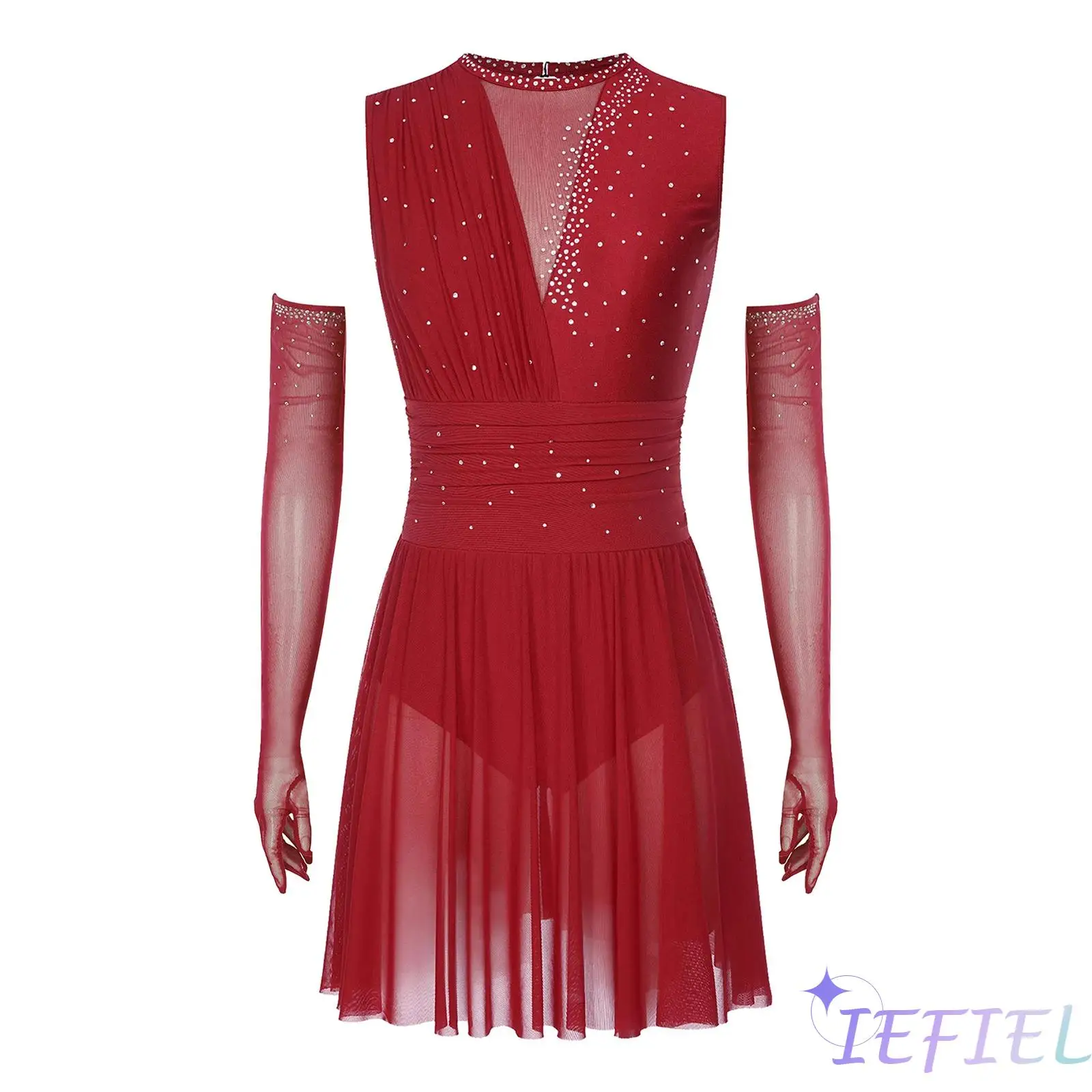 

Womens Lyrical Dance Dress Shiny Rhinestone Figure Skating Leotard Sleeveless Backless Gymnastics Outfit with Full-finger Gloves