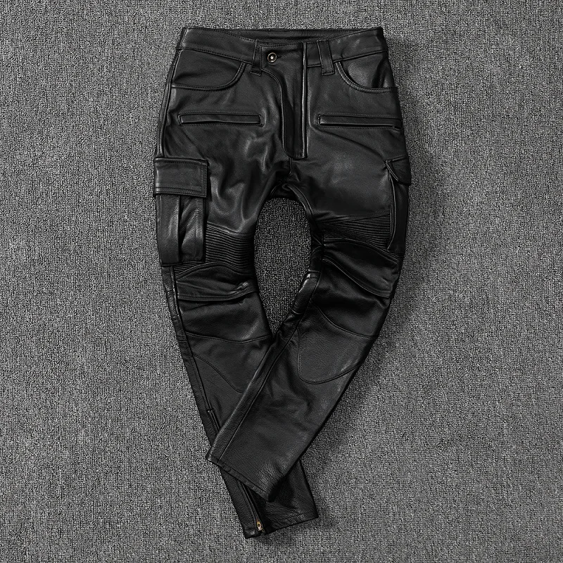 

shipping.wholesales mens genuine Free leaher cargo pants.black Pro biker cow leather long pants.Protective gear trousers.