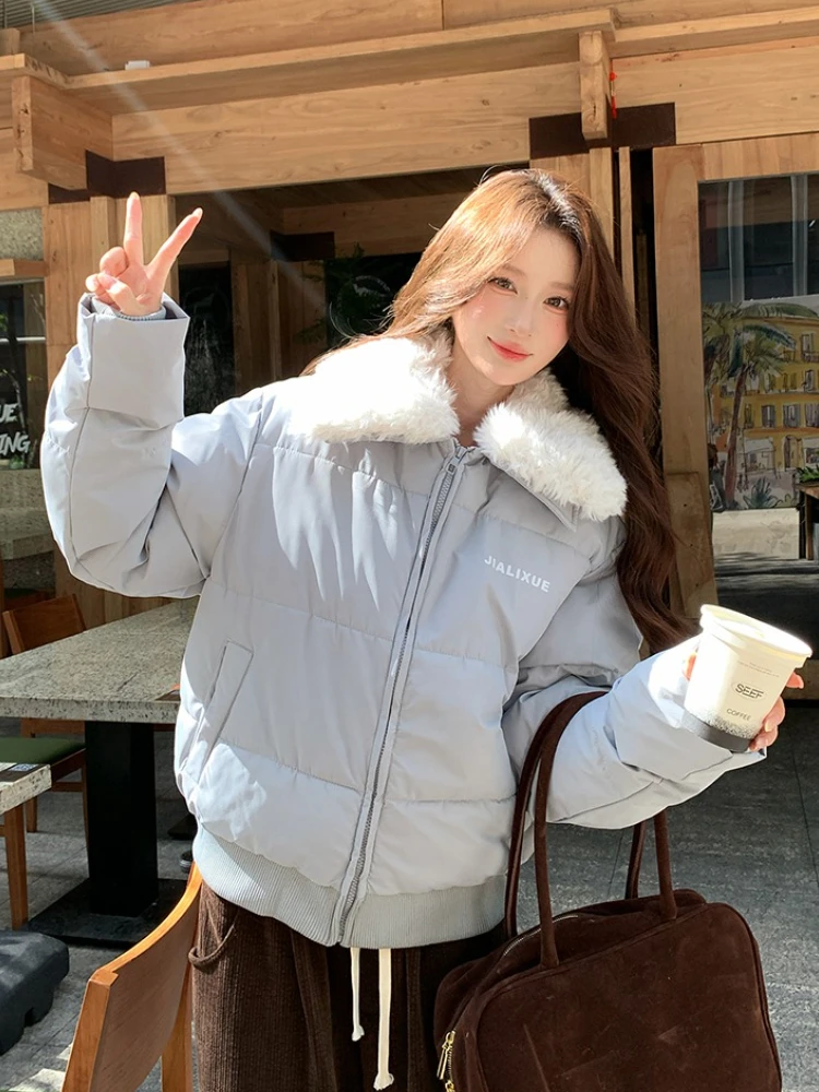 American Retro Style Short Cotton Padded Jacket Women Winter Warm Shearling Collar Thickened Loose Fit Casual Elegant Down Coat