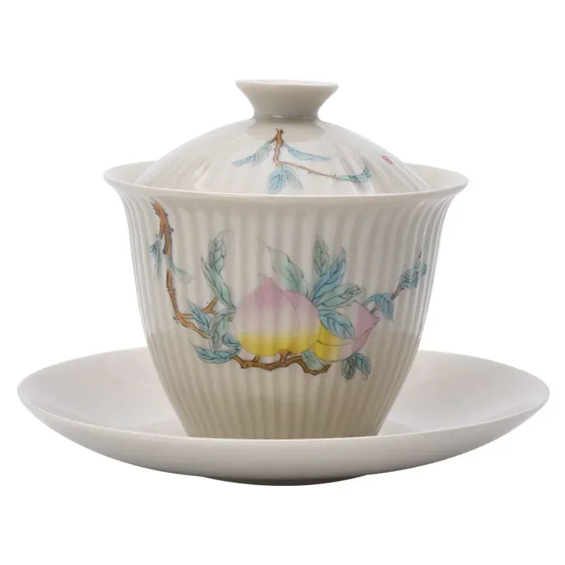 Striped Grass and Wood Gray Kung Fu Tea Set, Elegant Gaiwan, Chinese Ceramic Tea Bowl, Ceremony Bowl, 200ml