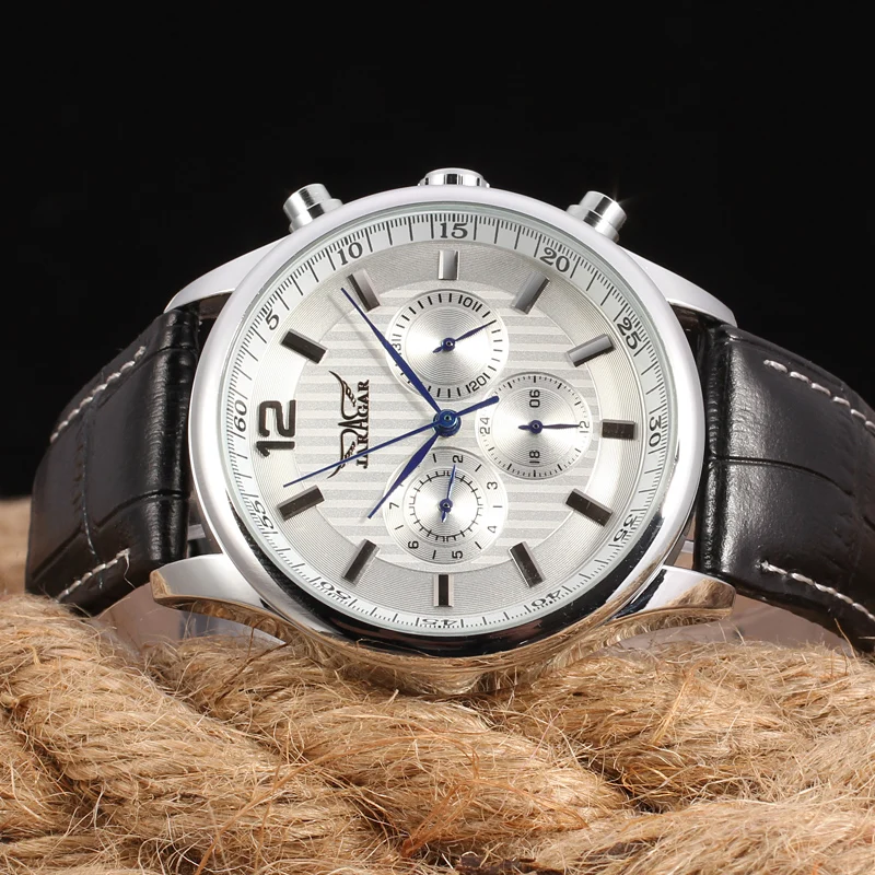 JARAGAR Classic Men\'s Watch Automatic Mechanical Self-Wind Day Date 24 Hour Genuine Leather Strap Business Wristwatch Male Clock