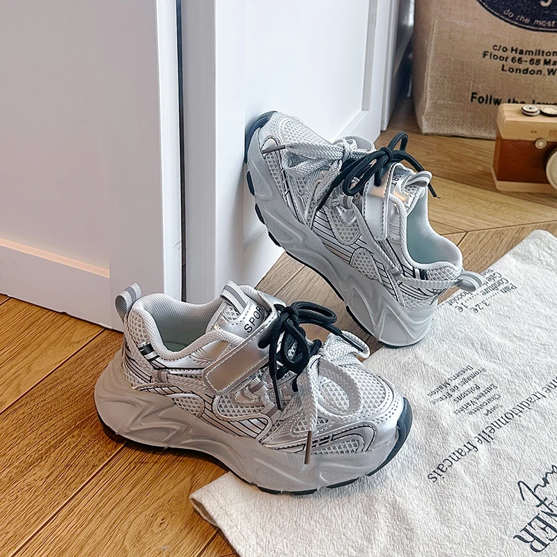 Kids Mesh Sports Shoes Non-slip Breathable Boys Girls School Chunky Sneakers Outdoor Daily Children Running Shoes Black Silver