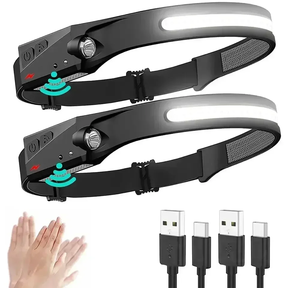 Linterna frontal con Sensor LED recargable por USB, linterna frontal con batería integrada, para exteriores, Camping, pesca