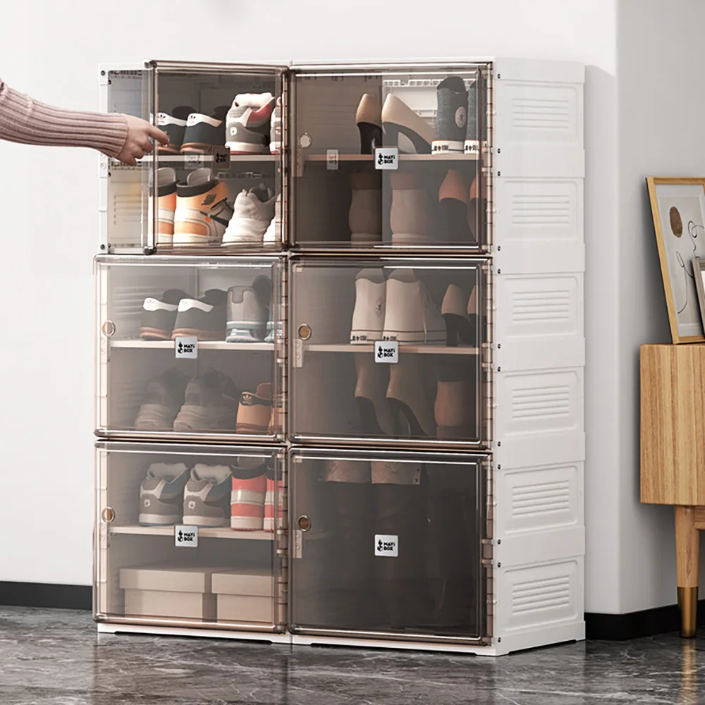 Portable ABS Shoe Box Foldable Stacking Storage Cabinet Moistureproof & Dustproof With Transparent Magnetic Door