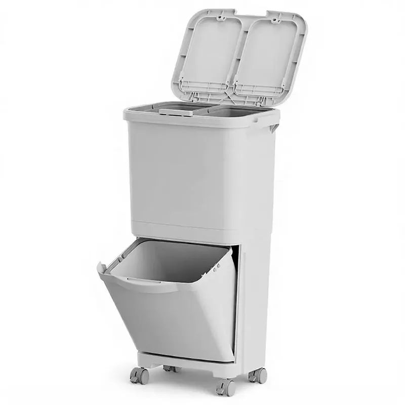 Movable without bending over, large-capacity double-layer dry and wet sorting kitchen trash can with lid for household use