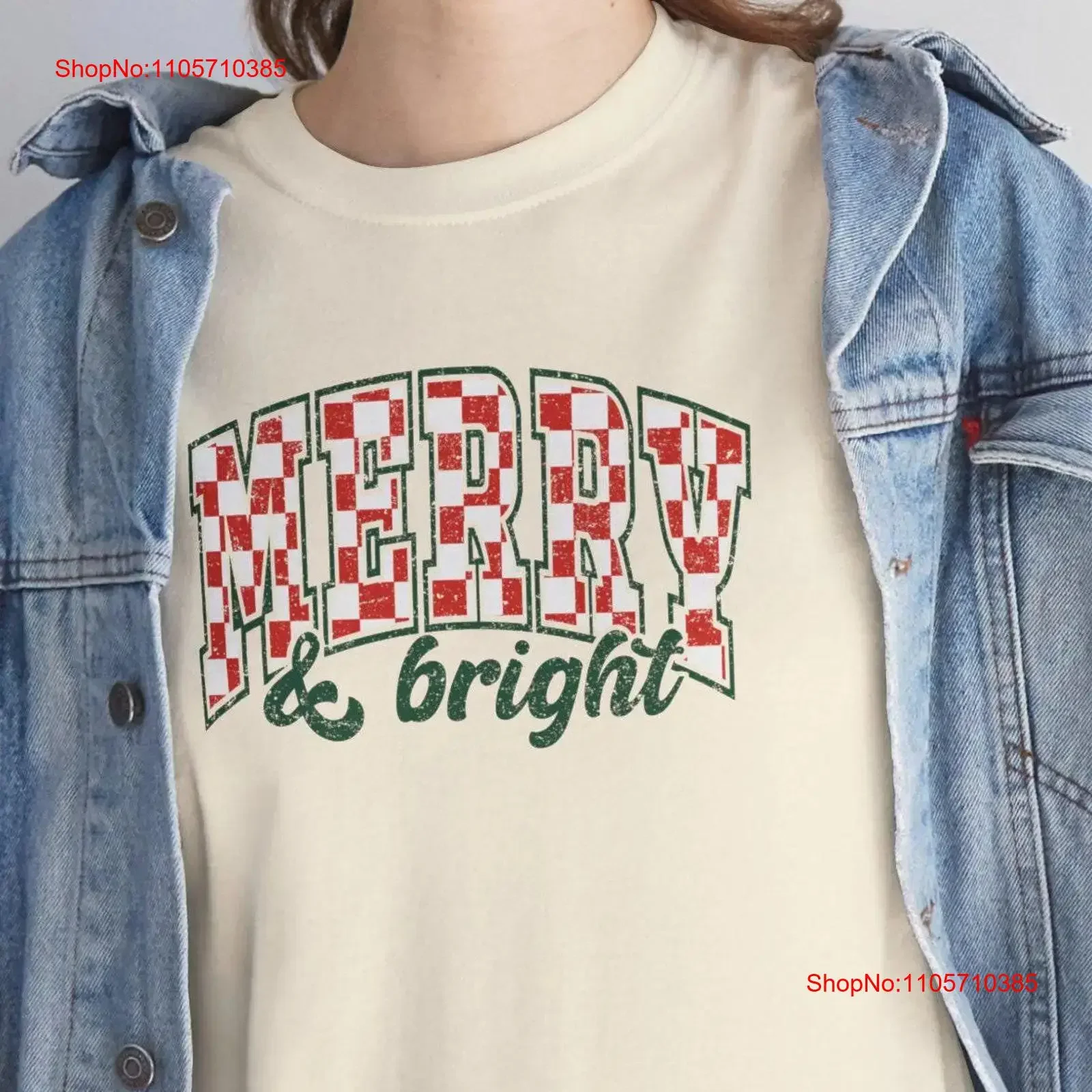 Merry and Bright Red White Checker Varsity Font Heavy Cotton T Shirt vintage Washed graphic Comfortable Stretched Breathable