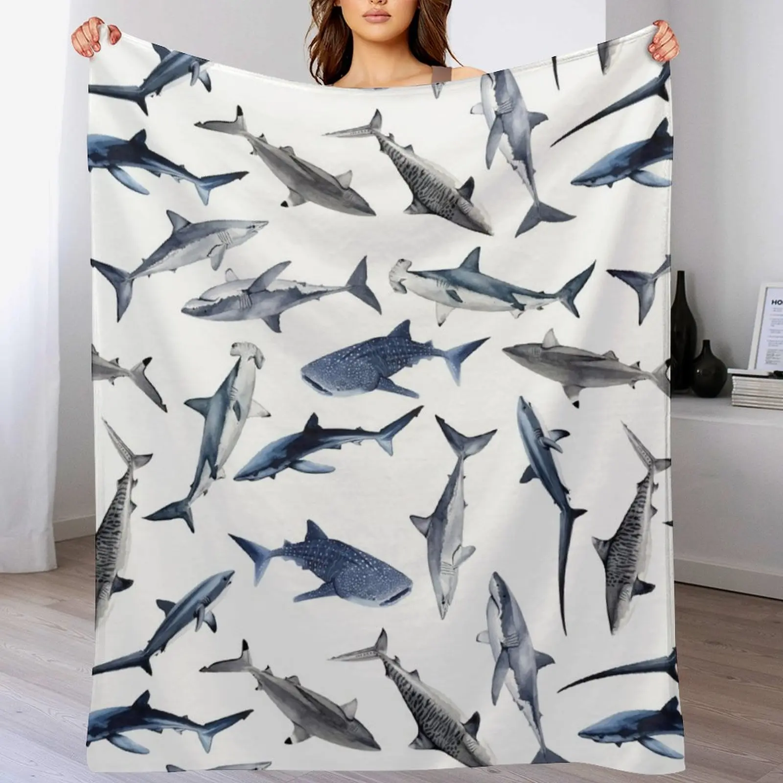 SHARKS PATTERN (WHITE) Throw Blanket Flannel Fabric Extra Large Throw Blankets