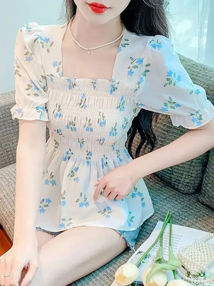 

French Style Square Neck Chiffon Top Ruffle Waist Cinching Short Sleeve Blouse For Women Summer Wear
