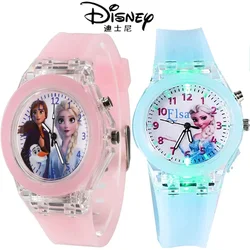 Disney gefroren Prinzessin Muster führte leuchtende Blitz Kinder Uhr Spielzeug Mode Leder Quarz Armbanduhr Weihnachts geschenke für Kinder