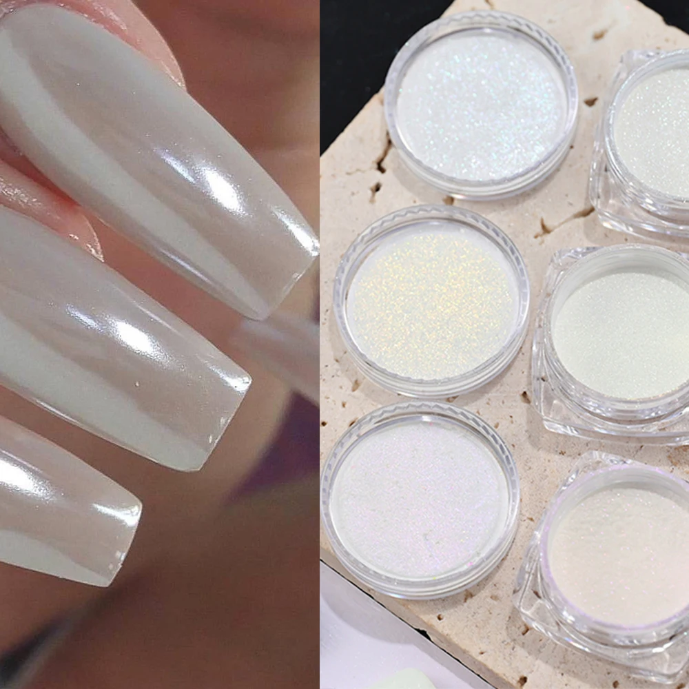 

Pearl White Mirror Nail Powder Chrome Pigment Rubbing on Nail Art Glitter Dust Aurora Moonlight Powder Shell Pearl Nail Powder