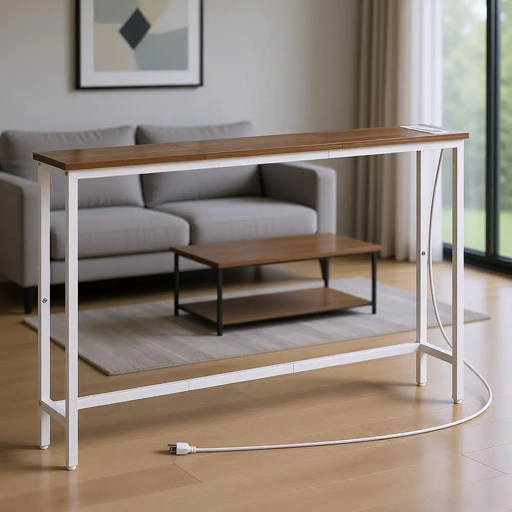 

44.9 Slim Walnut & White Living Room Entryway Table with Power Outlets and Display Shelf