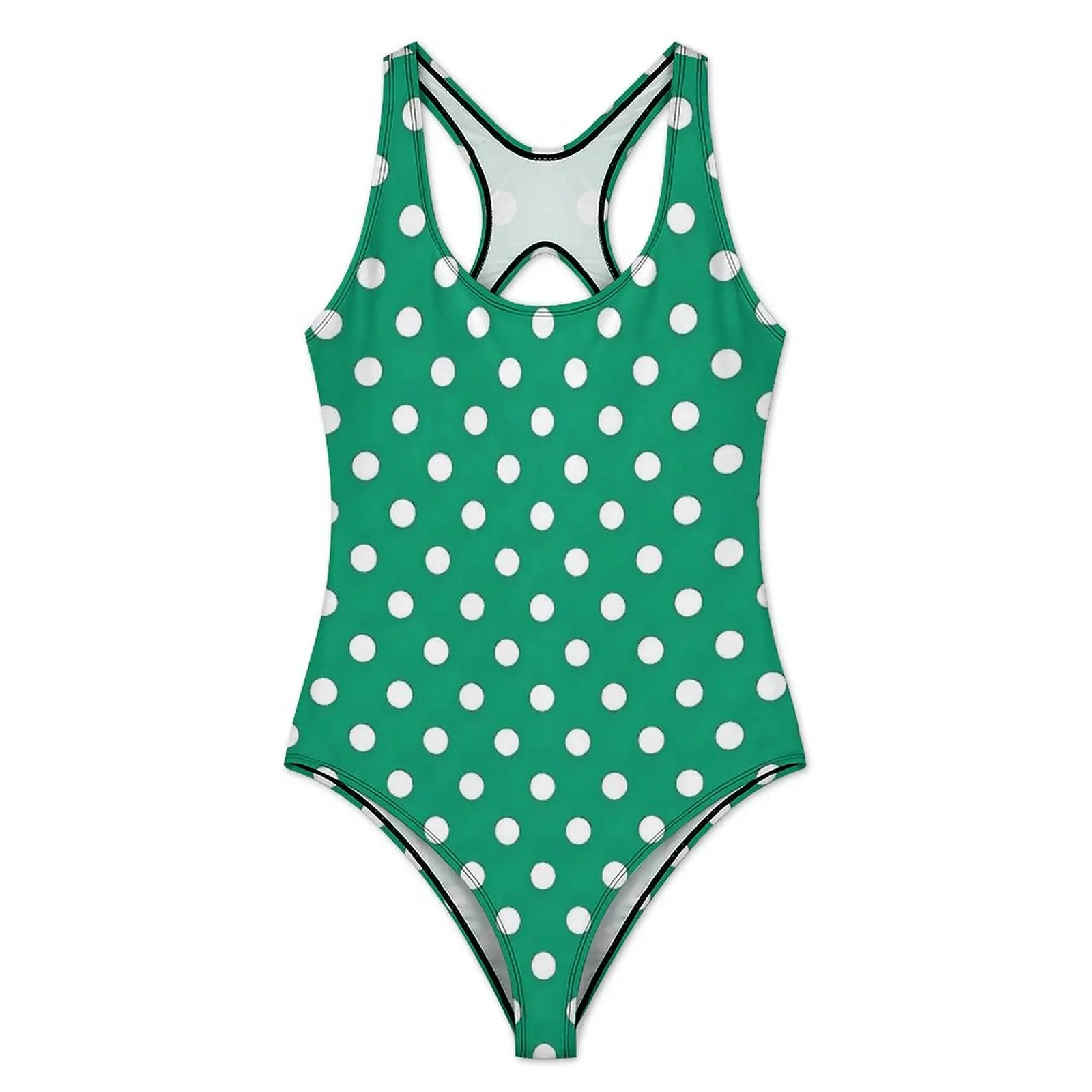 Green And White Polka Dots Print Swimsuit Swimwear One Piece Holiday Swim Bodysuit High Cut Monokini Lady Push Up Sexy Beachwear