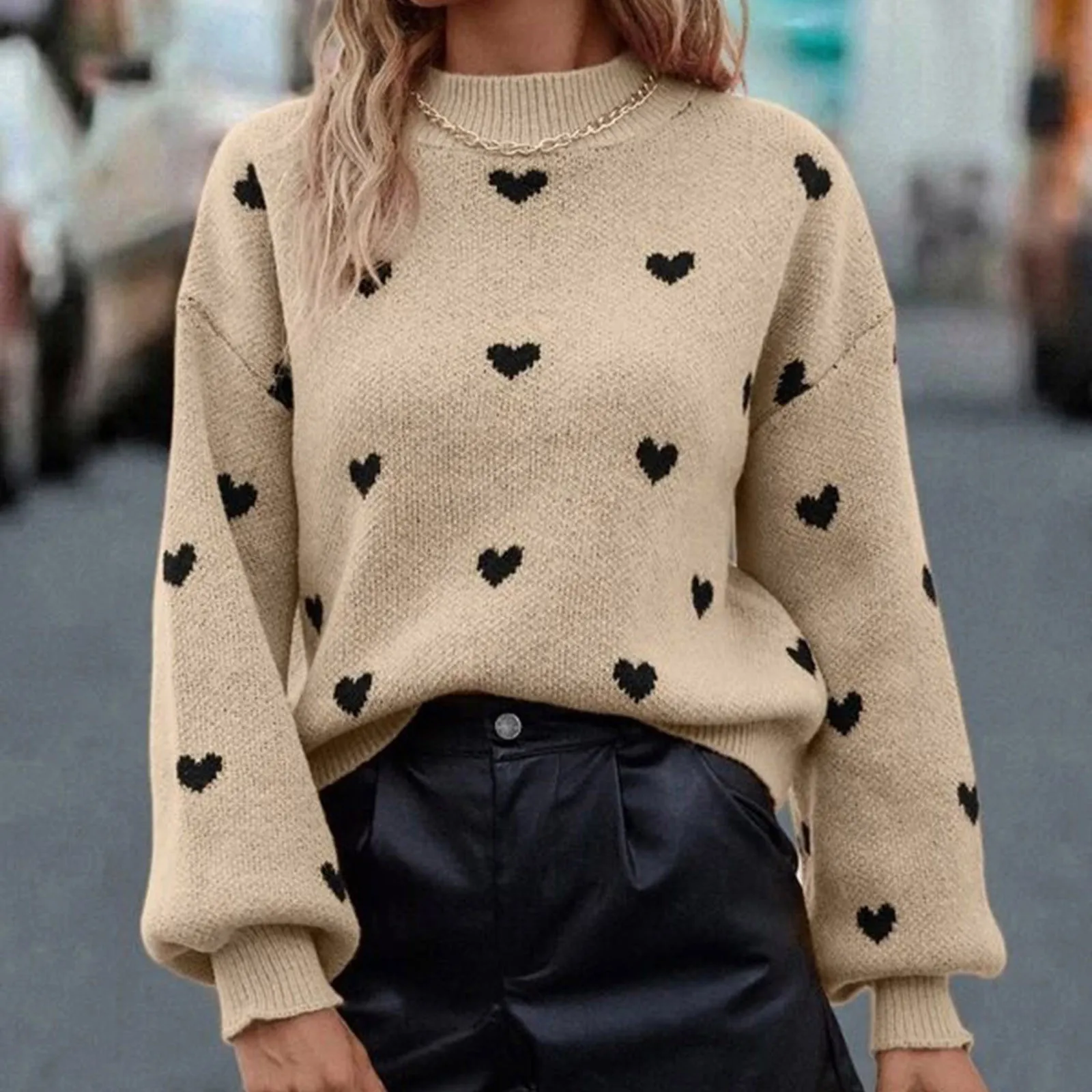 Women Heart Love Print Sweater Spring Autumn Warm Crew Neck Long Sleeve Knitted Pullovers Oversized Jumper Valentine Knitwear