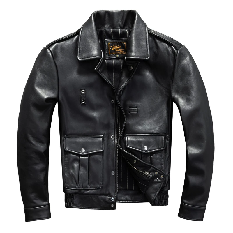 Black Autumn Leather Jacket Men Retro Style Plus Size 5XL Genuine Natural Sheepskin Turn-Down Collar Mounted Police Coat