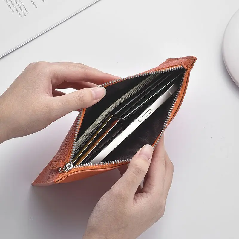 2025年新型レザーロングウォレット 超薄型 シンプル カジュアル ジッパー財布 ソフトレザー クリップ式携帯電話ホルダー