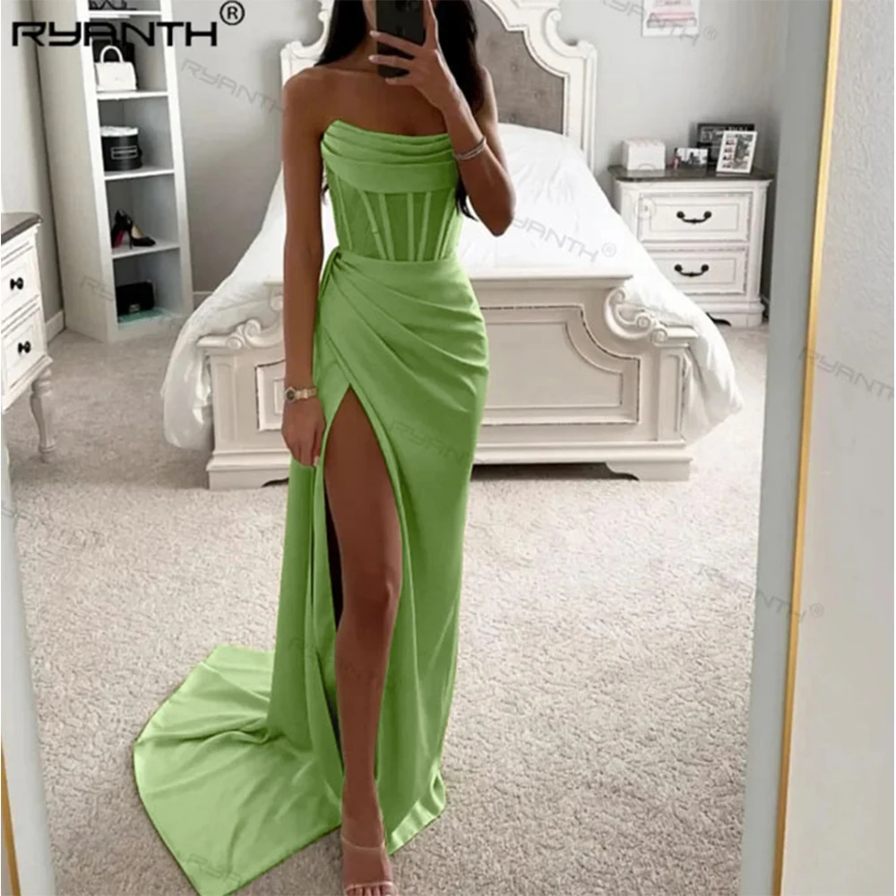 

Ryanth Strapless Mermaid Satin Prom Dress for Women 2024 Bridesmaid Dress with Slit Celebrity Dresses with Corset robe de soirée