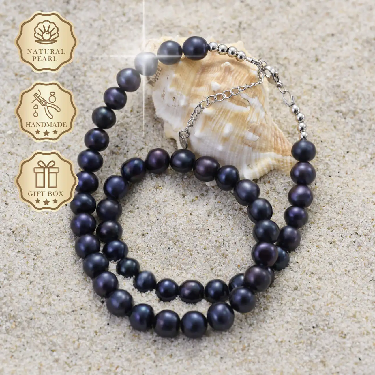 

MYSOYA Black & Deep Blue Freshwater Pearl Necklace 8–9mm with Silver Extender Chain, Gift Box, Birthday & Anniversary Gift