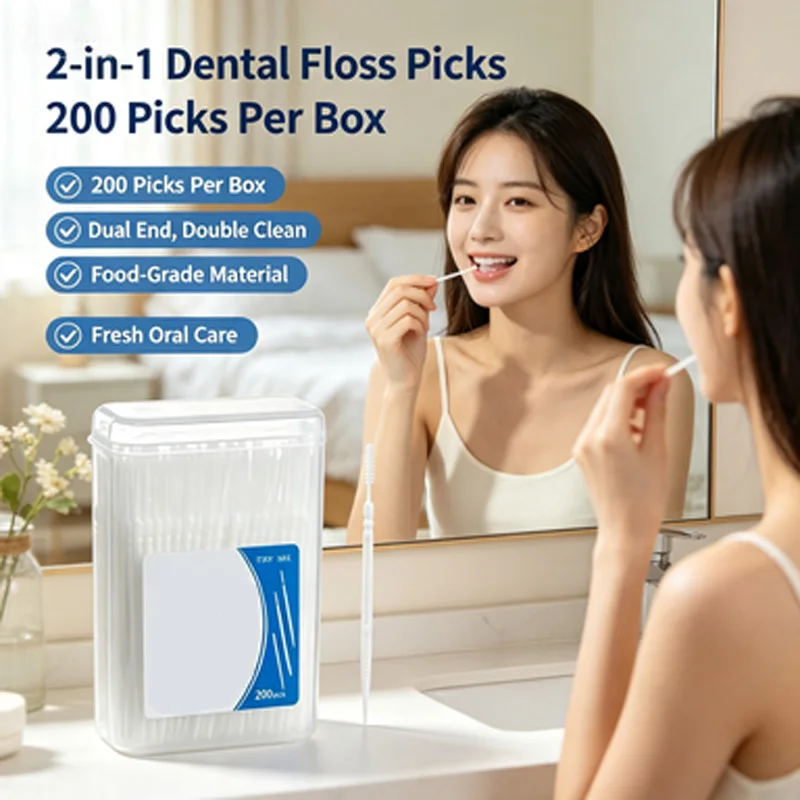 2 in 1 Dual-Function Toothpick and Interdental Brush 200 Pcs/Box, Multi-Color Disposable Tooth Gap Cleaner