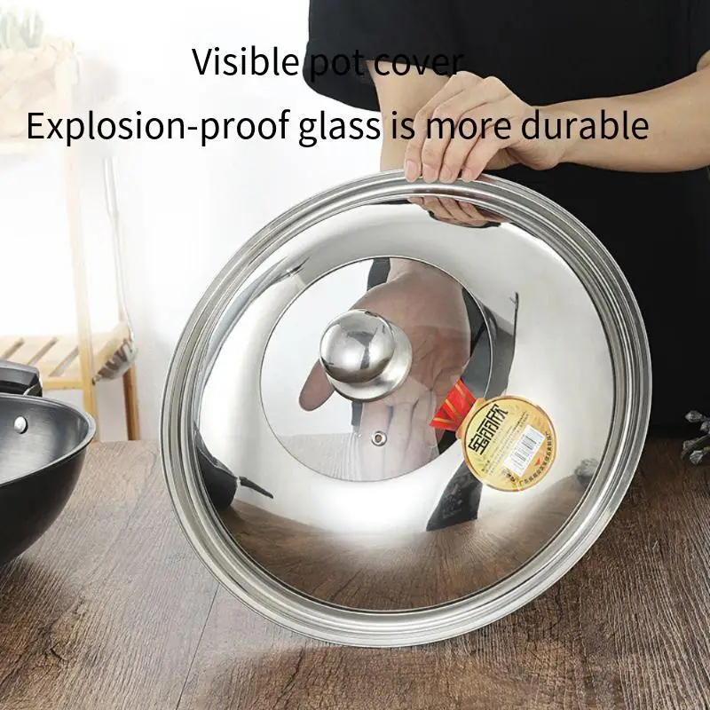 Explosion-proof glass visible lid food-grade non-magnetic stainless steel lid frying pan flat-bottomed large lid 30CM-40CM.