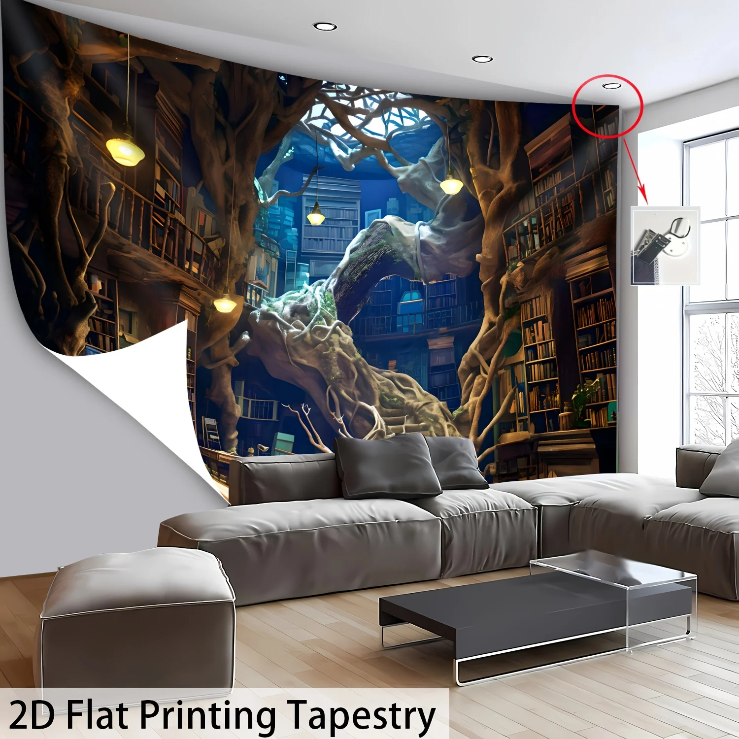 Serene Tree Hollow Library Tapestry, HD Digital Print Whimsical Wall Decor for Home and Living Room Backdrop