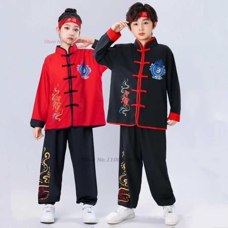 

2025 chinese traditional koi print wushu clothing children kungfu shaolin martial arts sports training exercise practice set