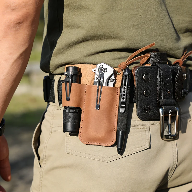 EDC Leather Flashlight Tool Holster Multi-functional Outdoor Tactical Belt Pouch for Folding Knife Storage