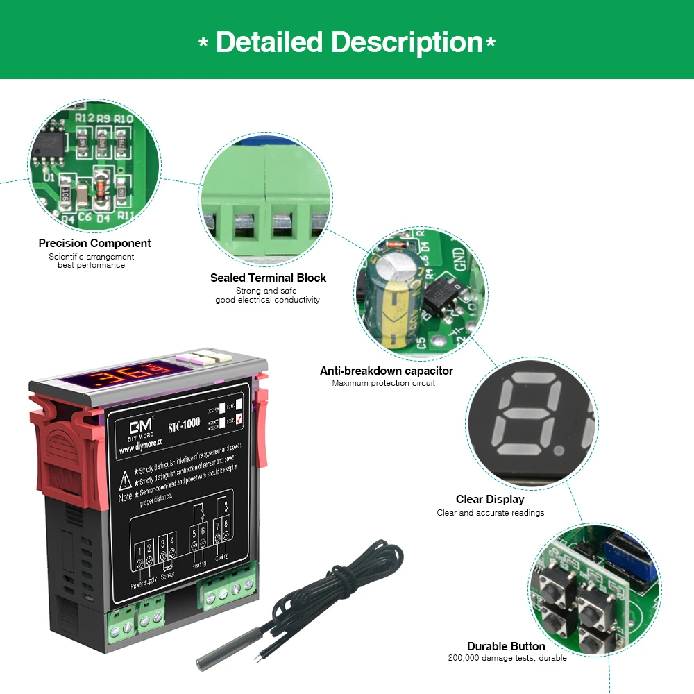 STC-1000 Digital Temperature Controller AC 110-220V DC12V 24V NTC Sensor Red Display -50~99°C Measuring Range Relay Output