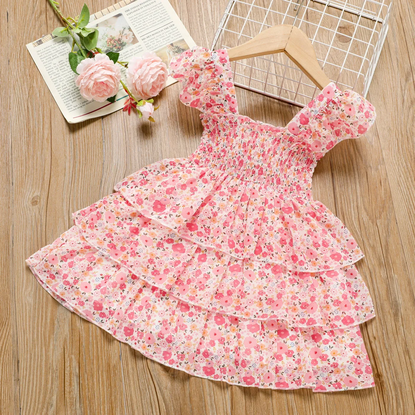 PatPat Toddler Girl Sweet Floral Print Smocked Ruffled Sleeveless Dress Suitable for Summer Season Perfect for Outings