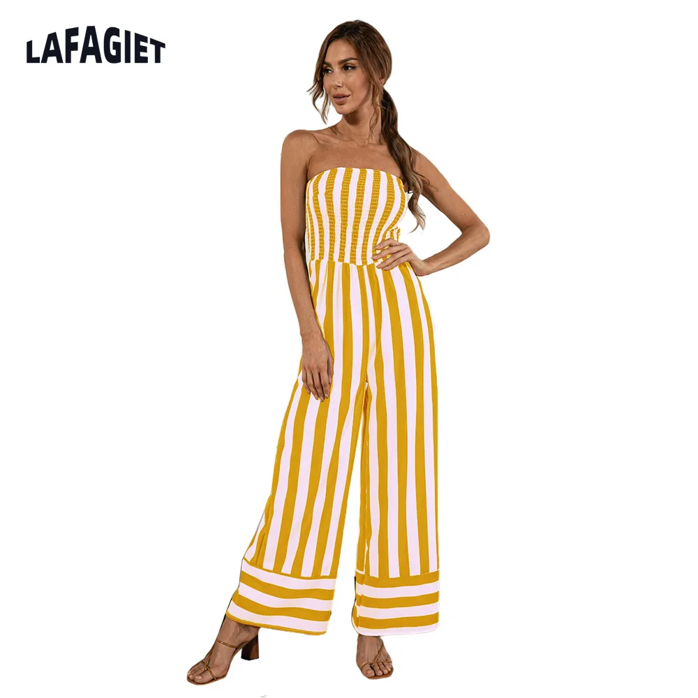 ฤดูร้อน Jumpsuit ผู้หญิงลายหลวม Rompers Office Lady แฟชั่นสูงเอวขากว้าง Jumpsuit หญิง Street Overalls