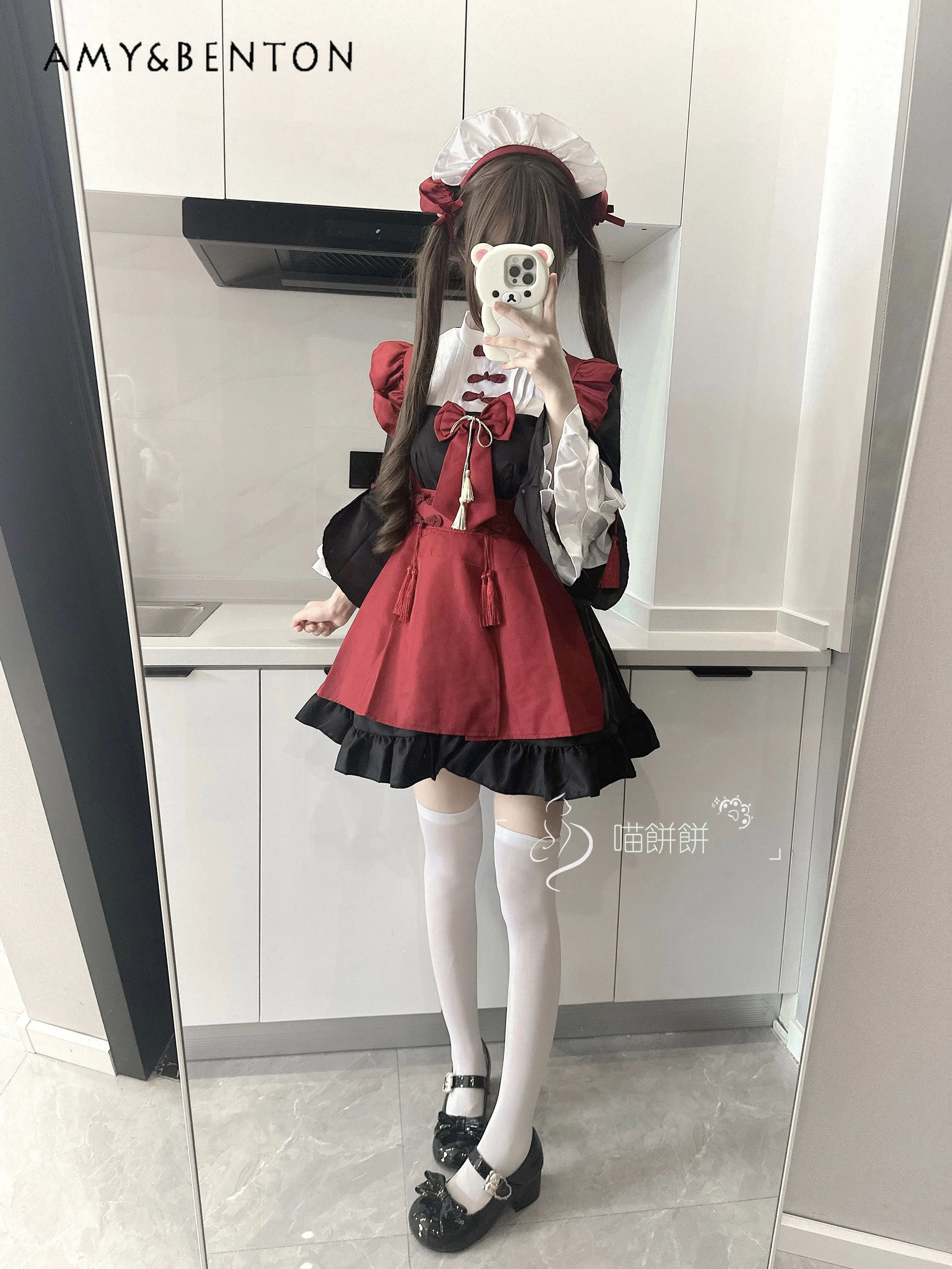 

Spring and Autumn New Hot Sale Chinese Style Cute Cosplay Maid Costume Black and Red Long Sleeve Lolita Christmas Dress