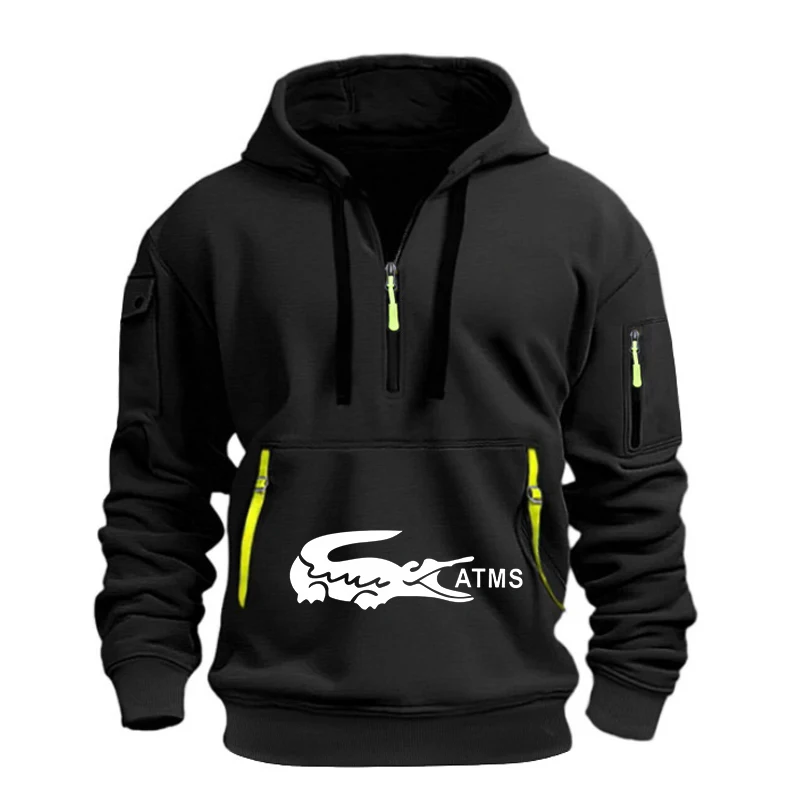 Sudadera con capucha deportiva informal de manga larga con múltiples bolsillos y cremallera, estilo holgado, para hombre