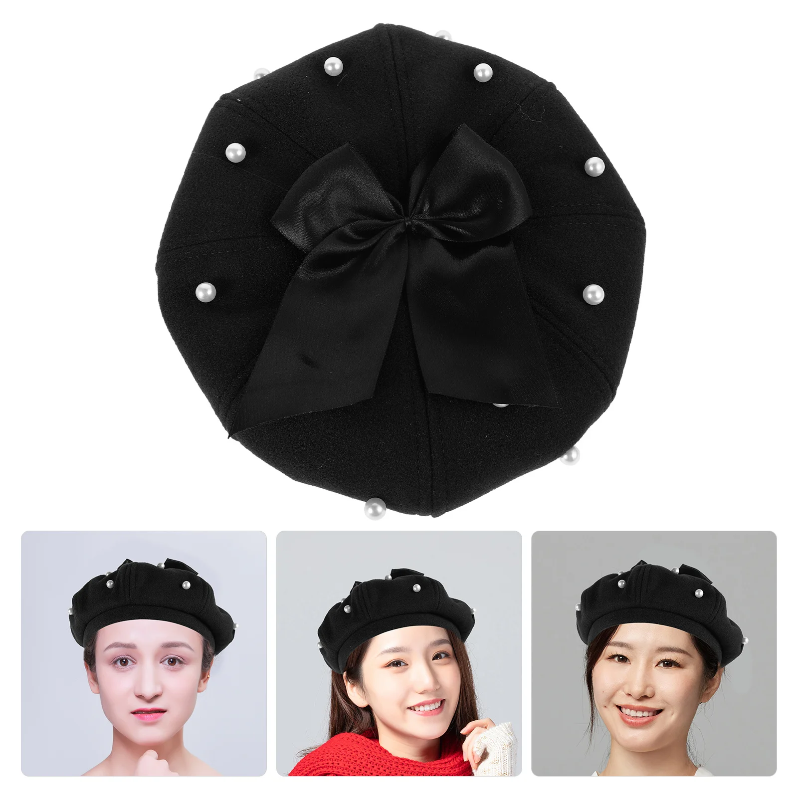 

Pearl Beret Hat Women Bowknot Octagonal Cap Classic Retro Soft Artificial Elegant Casual Formal Wear