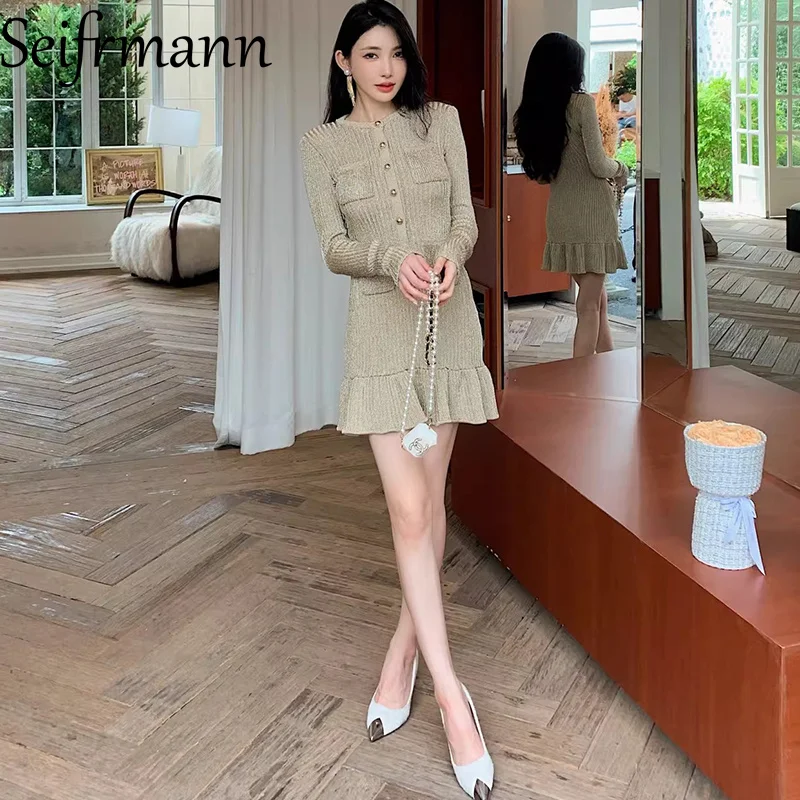 Seifrmann 2026 Spring Women's clothing New Fashionable Round Neck Long Sleeve Knitted Waist cinching Dress