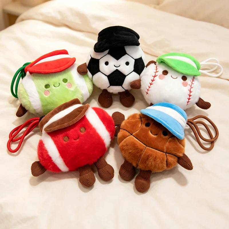 Soft Fluffy Sports Ball Plush Keychain  5 Styles Soccer Basketball Tennis Baseball Rugby Bag Ornament Gifts.