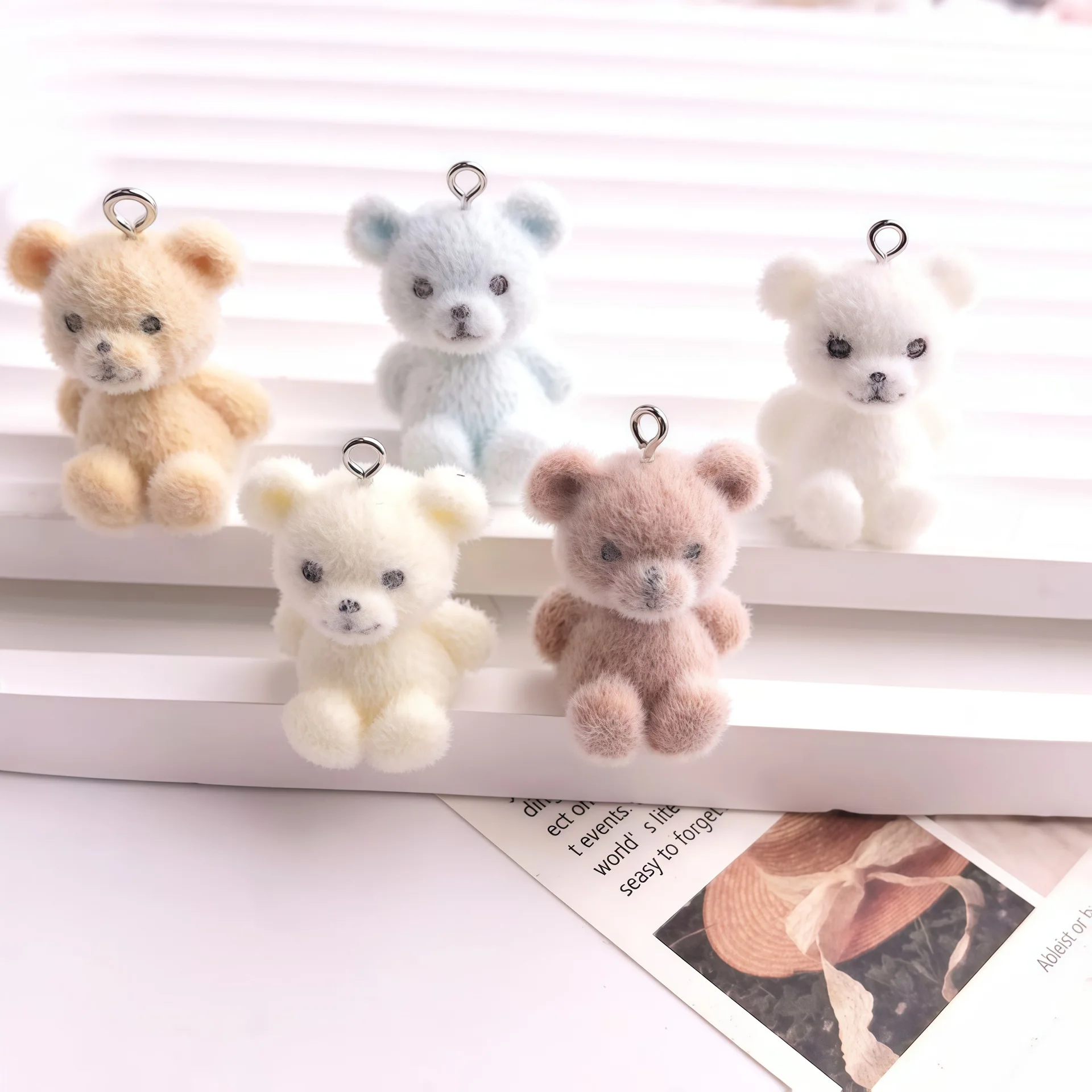 5pcs 3D Flocked Bear Resin Charms Cute Aniaml Doll Bear Pendant for Earring Keychains Diy Jewelry Make Accessories