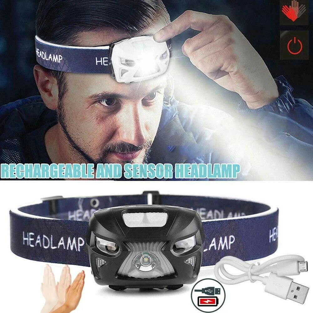 LED Headlamp Rechargeable Body Motion Sensor Headlight Camping Flashlight Head Light Torch Lamp With USB