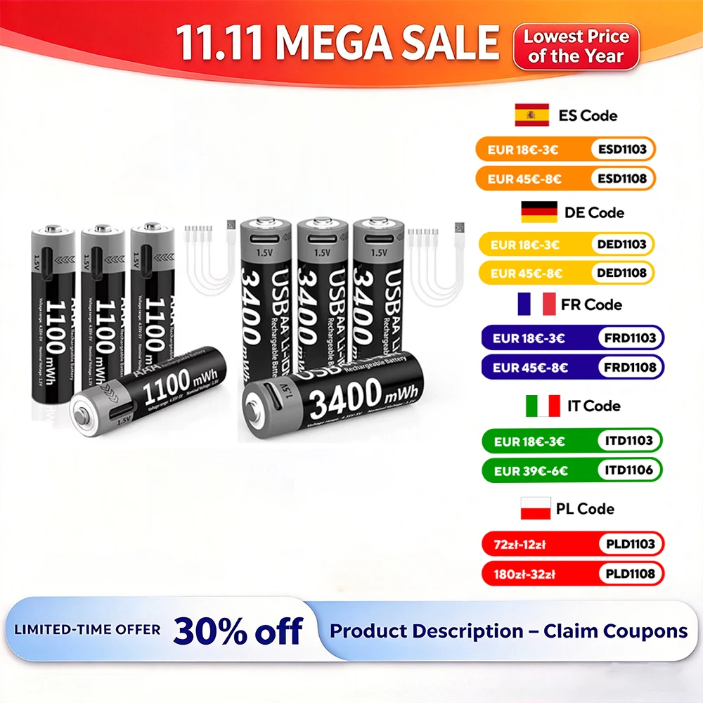 Kuugro Li-ion AAA and AA Rechargeable Batteries USB Lithium-ion 3400mWh 1.5V AA Rechargeable Batteries+1100mWh 1.5V AAA Battery