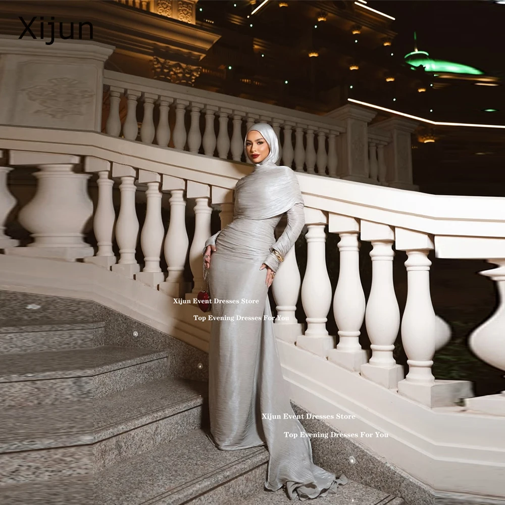 

Xijun Modest Gray Mermaid Evening Dresses HIgh Collar Pleated Formal Prom Dresses Full Sleeves Luxury Dubai Prom Gown Customized