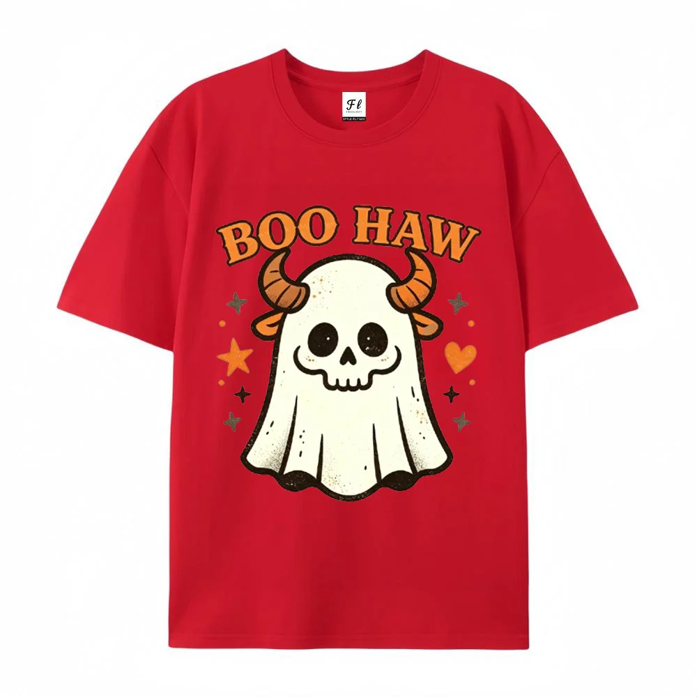 Women Halloween Ghost Graphic T Shirt Boo Haw Skull Horn Print Short Sleeve Casual Streetwear Top