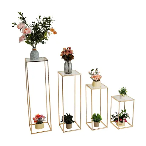 4Pcs Column Wedding Flower Stand 40+60+80+100cm Gold Vase Stand Metal Frame with Acrycle Panel Display Rack for Party Supplies