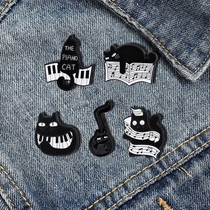 Creative Cartoon Black Piano Cat Enamel Brooch Music Score Notes Kitten Badge Pins Cute Animal Lapel Coat Jewelry Accessories