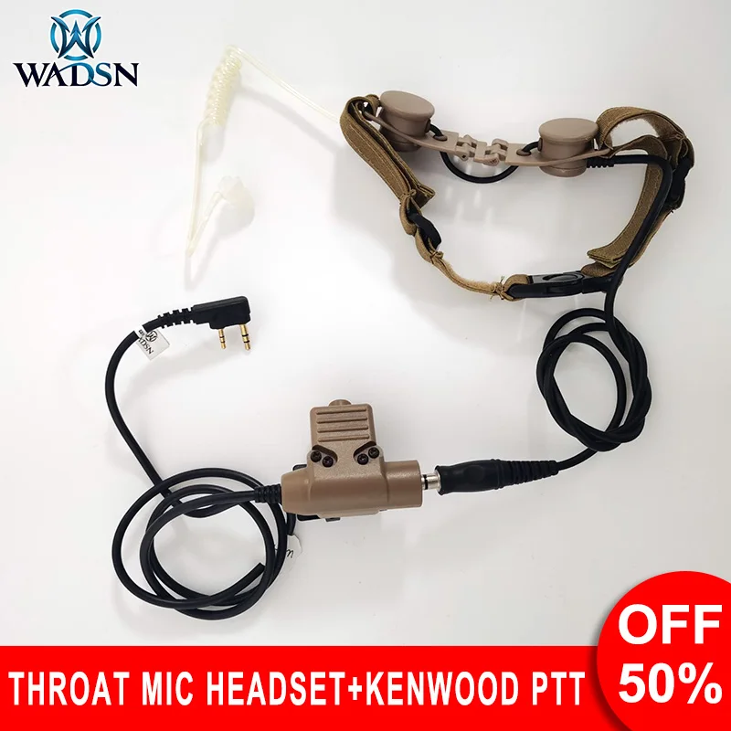 Wadsn Tactical Throat Mic Headset Tactical Neck Laryngeal Microphone Earphone with U94 PTT for Kenwood BaoFeng UV-5R UV-5X UV-82