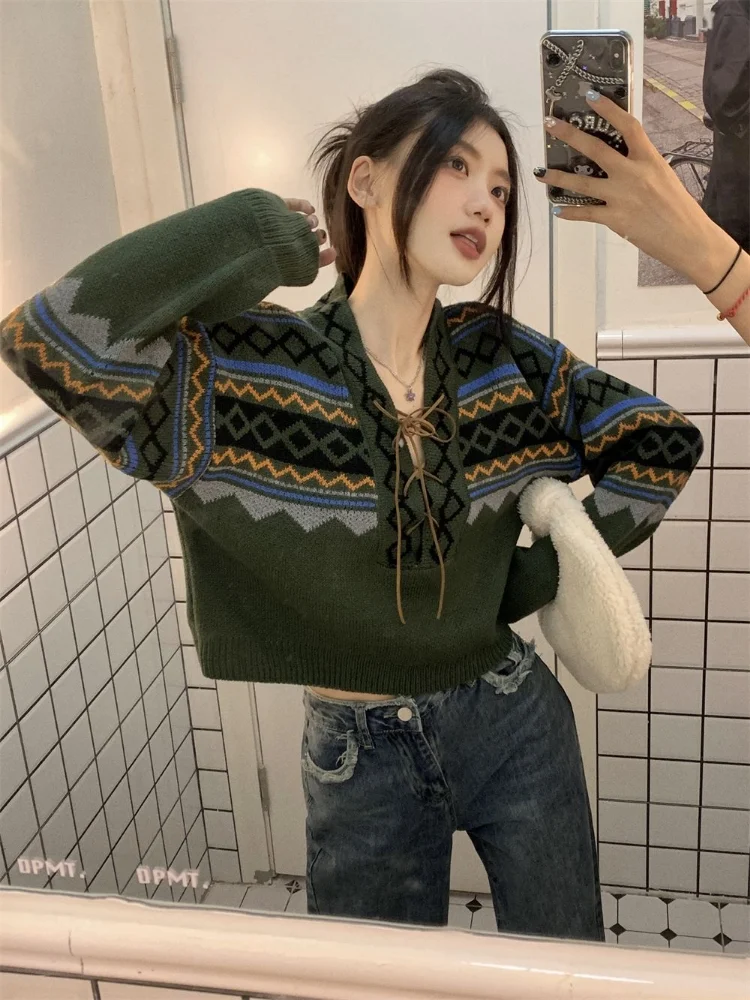 Vintage Sweaters Women Lace-up Elegant Cozy V-neck Trendy Ladies BF Style Pullovers Ulzzang Knitwear Classic High Street Autumn