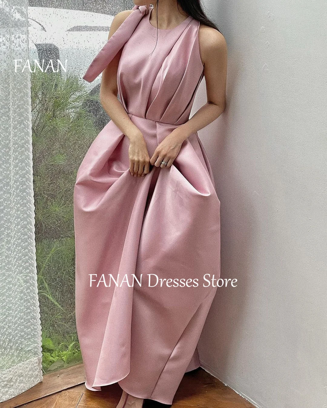 FANAN O-Neck Sleeveless Pink Simple Evening Party Dresses Korea Satin Simple Wedding Women  Gowns Event Prom Gowns Customized