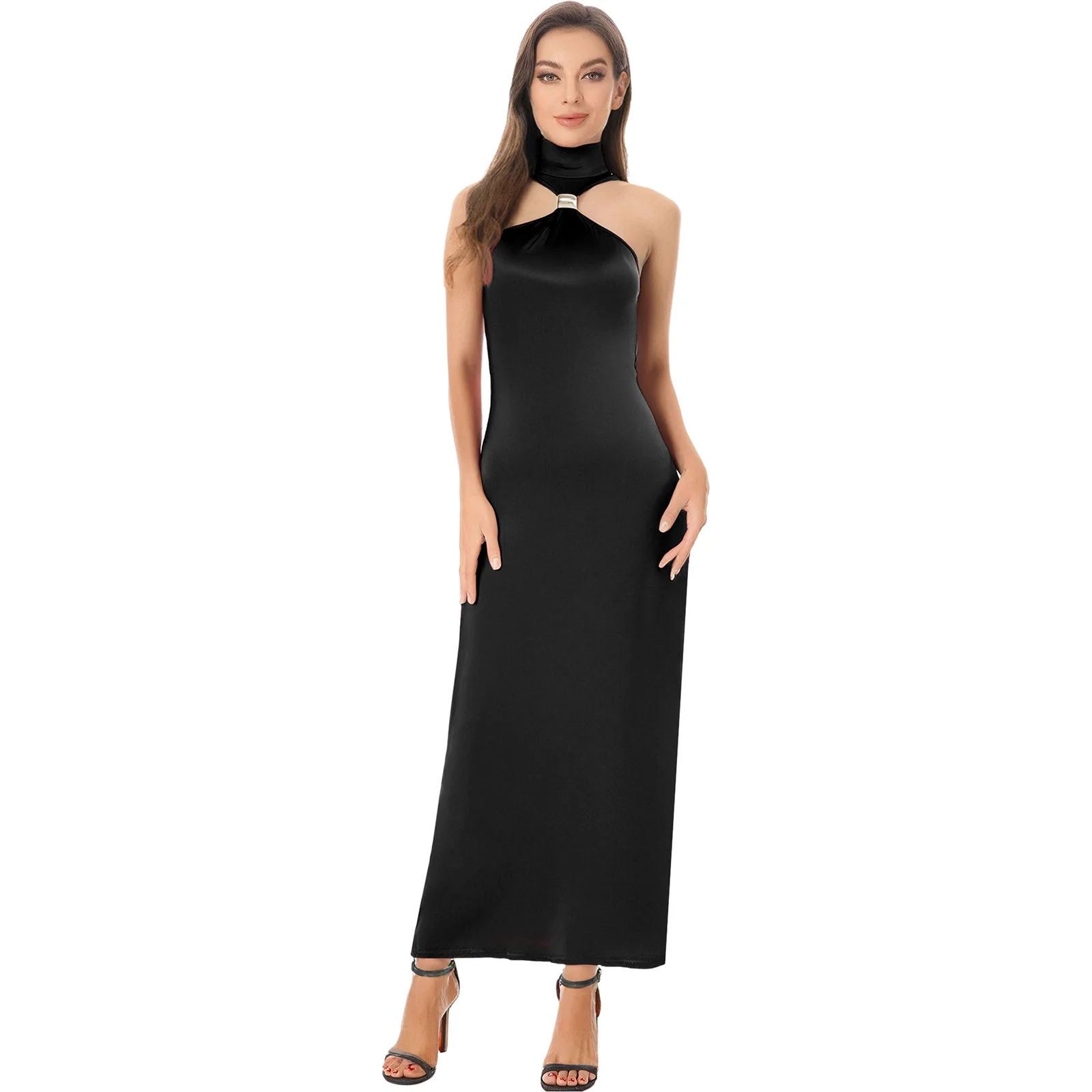 

Women Stylish Luxury High-neck Sleeveless Off-shoulder High Waist Full Length Slit Dress for Party Banquet Pageant Female Dress