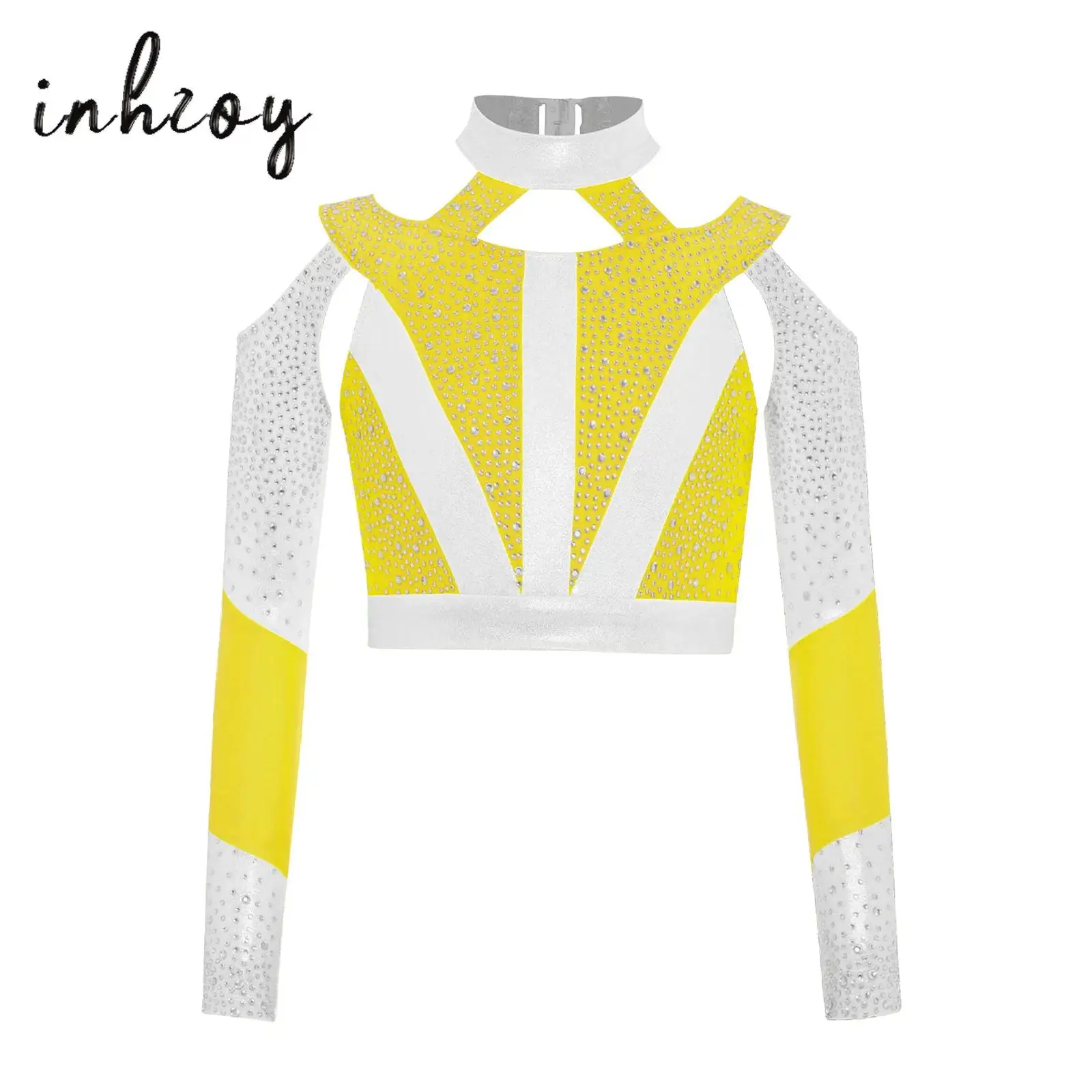 

Girls Gymnastics Acrobatics Dance Costume Long Sleeve Shiny Rhinestone Color Block Cross Back Cutout Crop Top Belly Dancewear